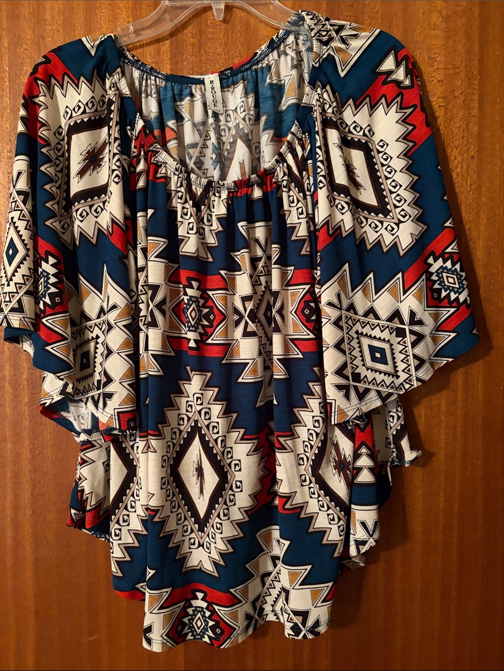 Aztec Print Off-Shoulder Blouse - Navy, Red & Cream